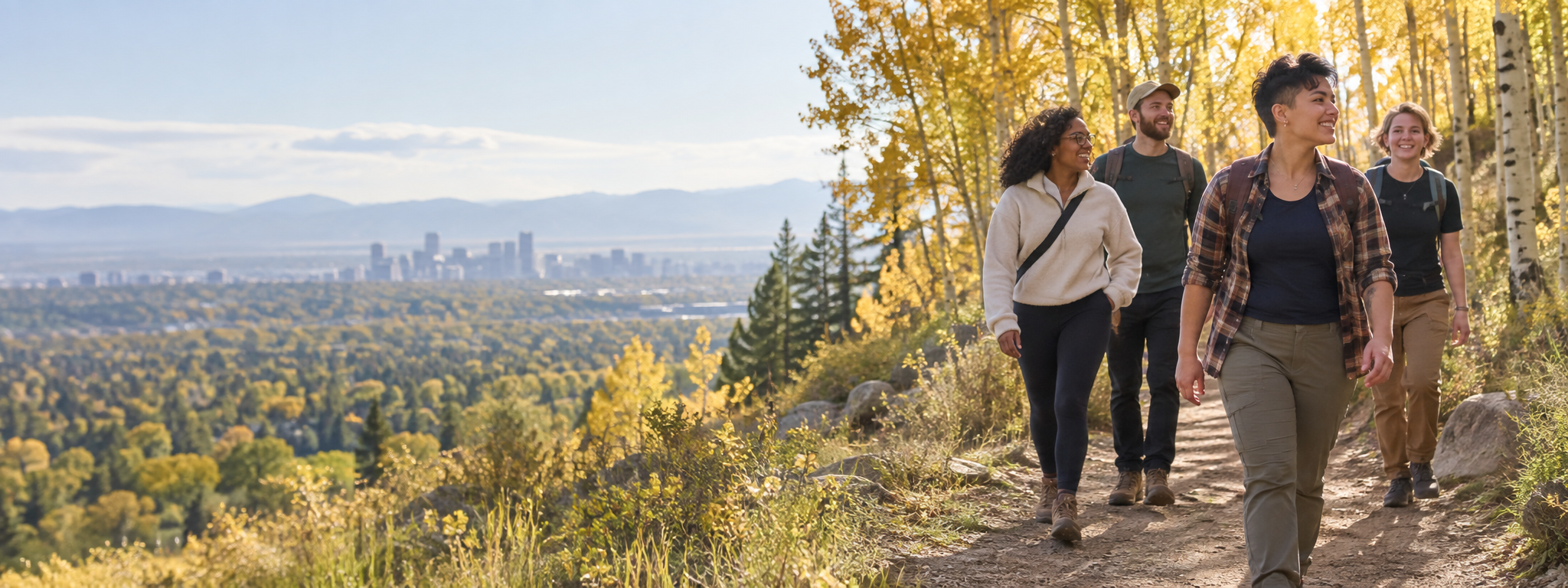 Two people hiking toward the Colorado mountains