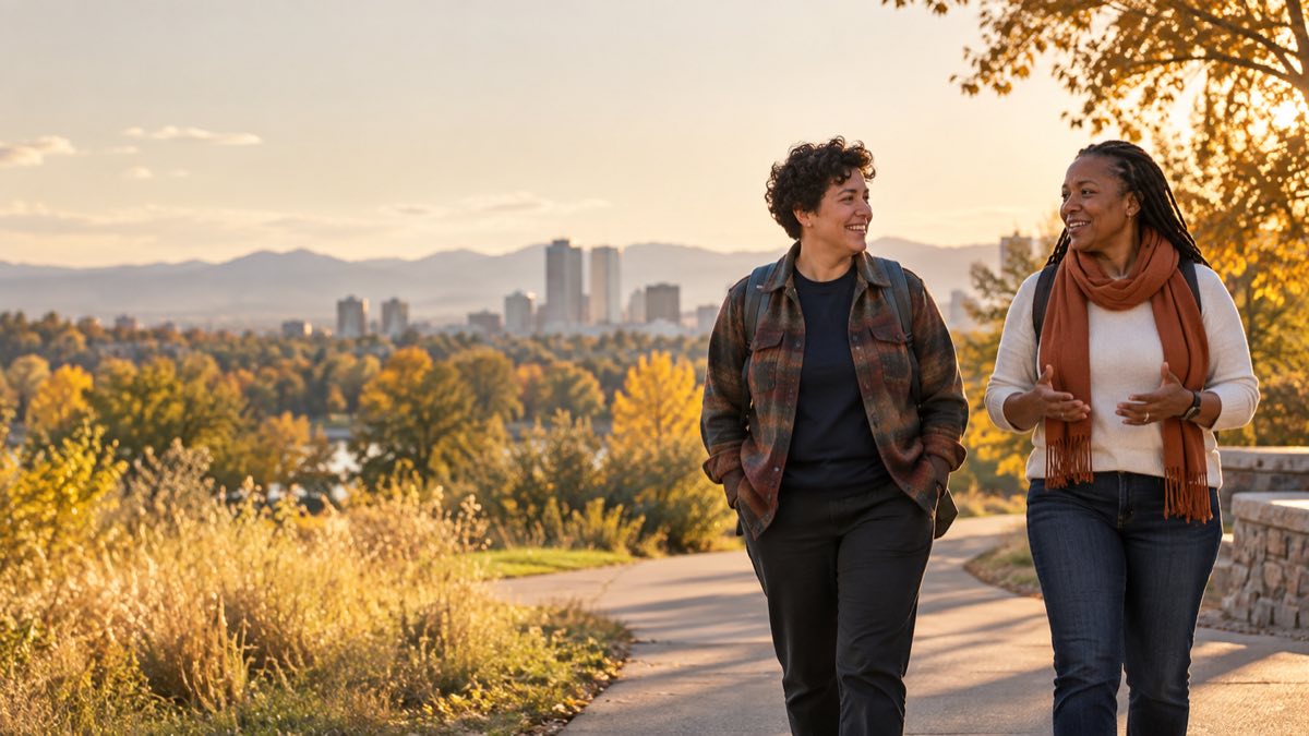 Two adults walking and talking in Denver with the Rocky Mountains in the distance